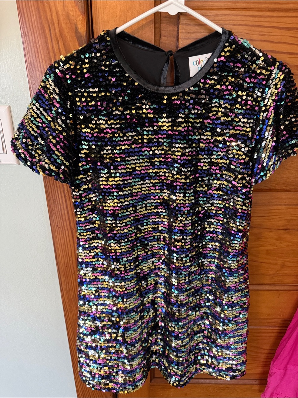 Colorful Sequin Black Short Sleeve Kids Dress by Color Me - Multicolor Shine